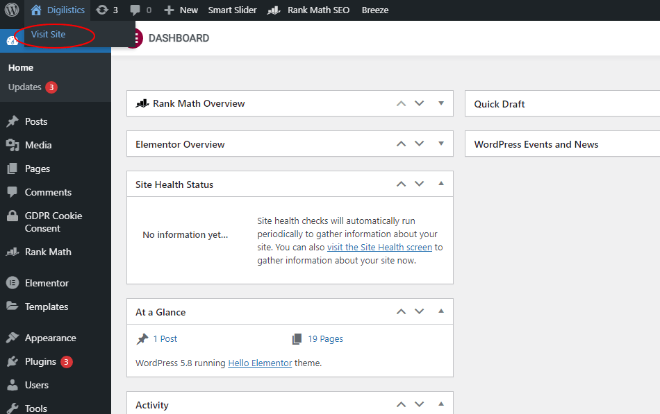 Wordpress admin dashboard